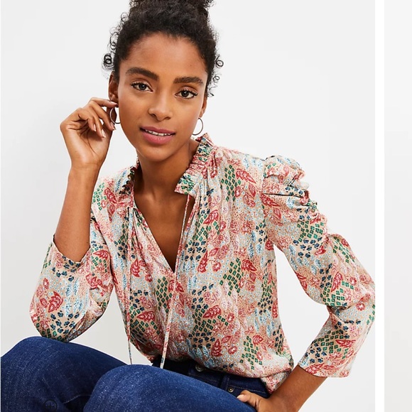 Loft Garden Cinched Sleeve Ruffle Tie Neck Mixed Media Top in Sandy Cove - Picture 8 of 16